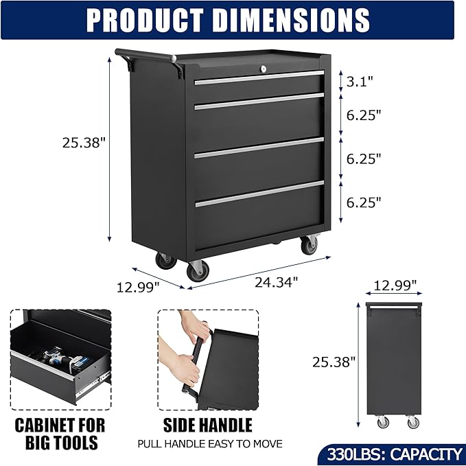 Rolling Tool Chest with Wheels, 4 Drawer Tool Storage Cabinet, Portable Toolbox - Image 3