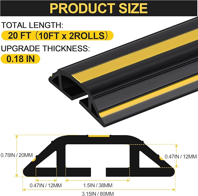 MYFAMIREA 20FT Floor Cord Cover Heavy Duty Cable Cover Protector 3 Channels - Image 2