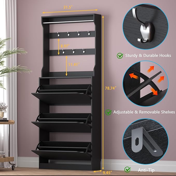 BORNOON Shoe Cabinet with 3 Flip Drawers & Coat Rack, Narrow Hidden Shoe - Image 2