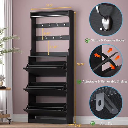 BORNOON Shoe Cabinet with 3 Flip Drawers & Coat Rack, Narrow Hidden Shoe - Image 2