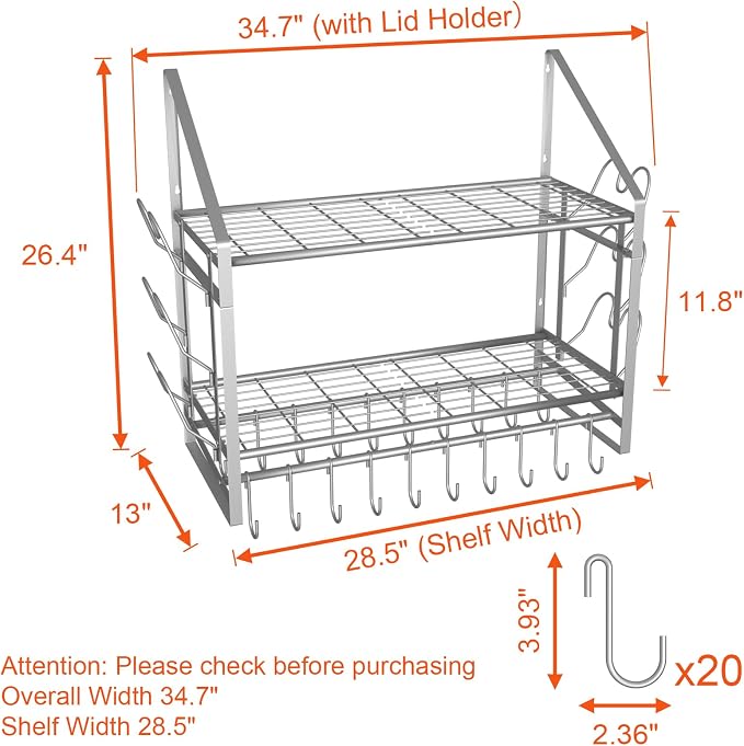 28 Inch Pot Rack Wall Mounted, 2 Tier Pots and Pans Organizer - Image 2