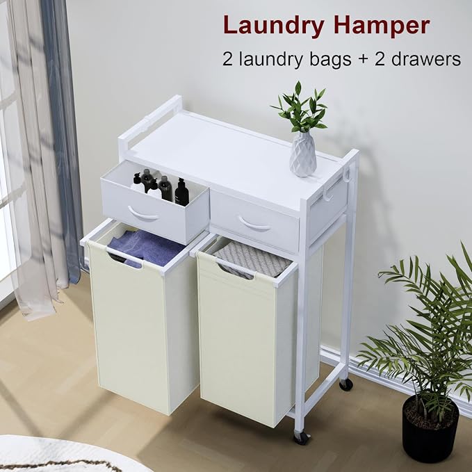 Laundry Hamper, Laundry Sorter 2 Section, Rolling Laundry Basket - Image 8