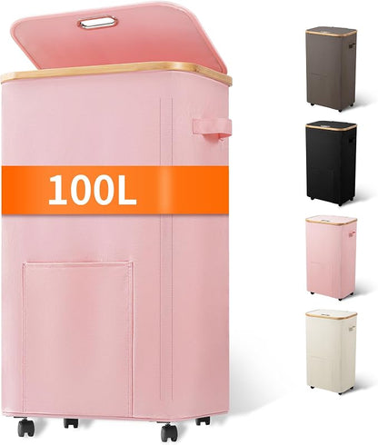 Vincona Laundry Basket with Wheels, Tall Dirty Clothes Hamper on Wheels by Vincona