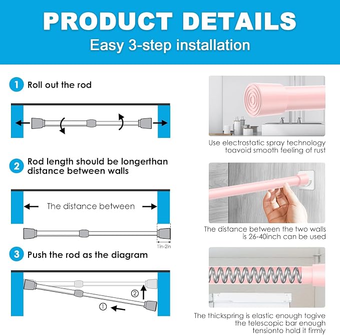 MEXAU 1Pack Spring Tension Curtain Rod 26-39 inch Pink Small Tension Rod | - Image 7
