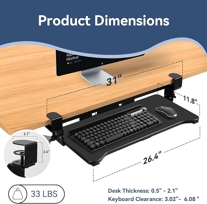VUSIGN Keyboard Tray Under Desk Height Adjustable, Pull Out - Image 2