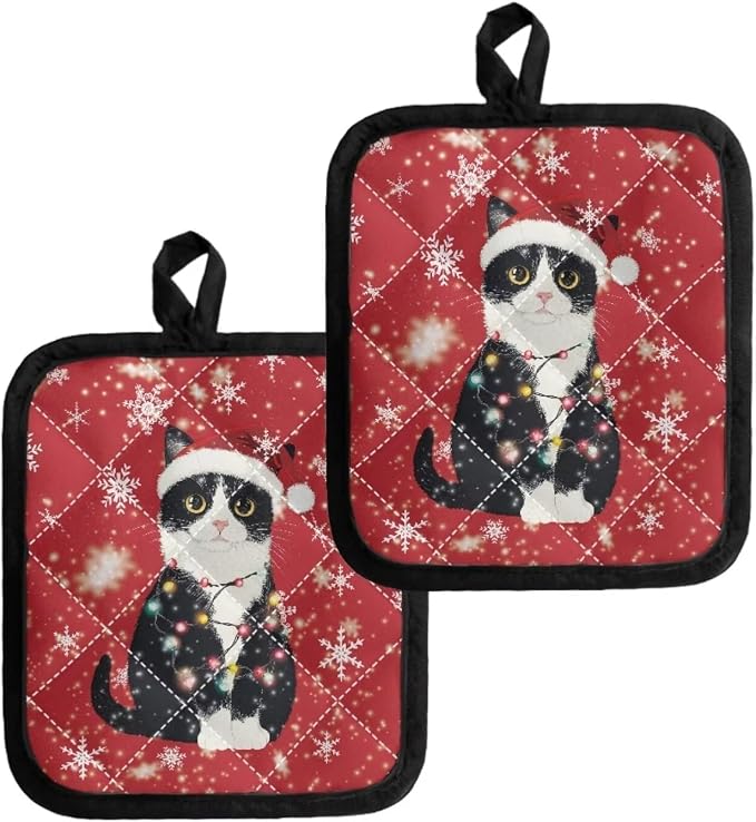 2 Pcs Christmas Black Cat Snowflakes Print Hot Pot Holder Heat Resistant by Jndtueit