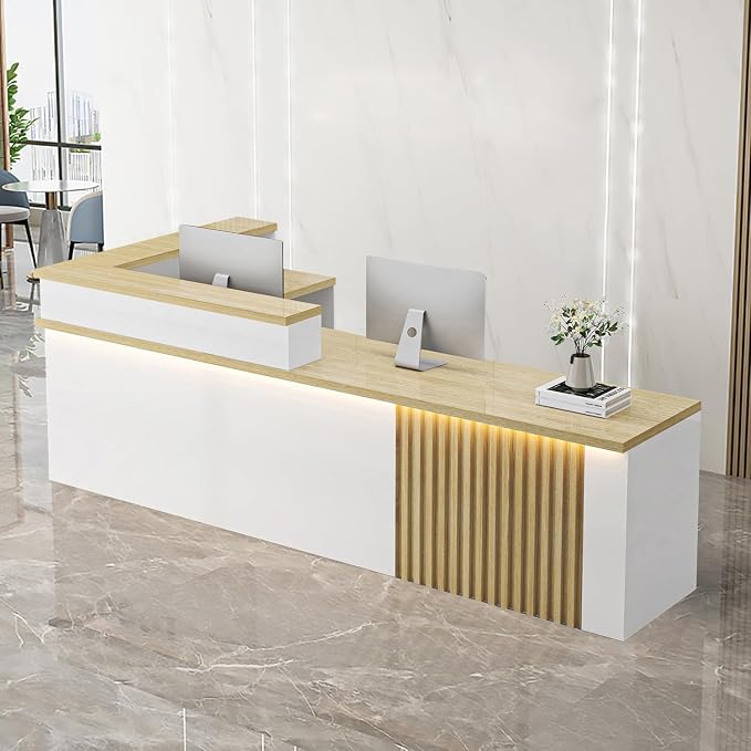 Receptionist Desk with LED Light，Wooden Salon Checkout Counter with Storage by Unknown