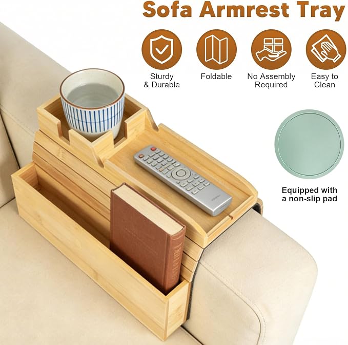 Bamboo Foldable Couch Arm Tray Storage Caddy - Image 7