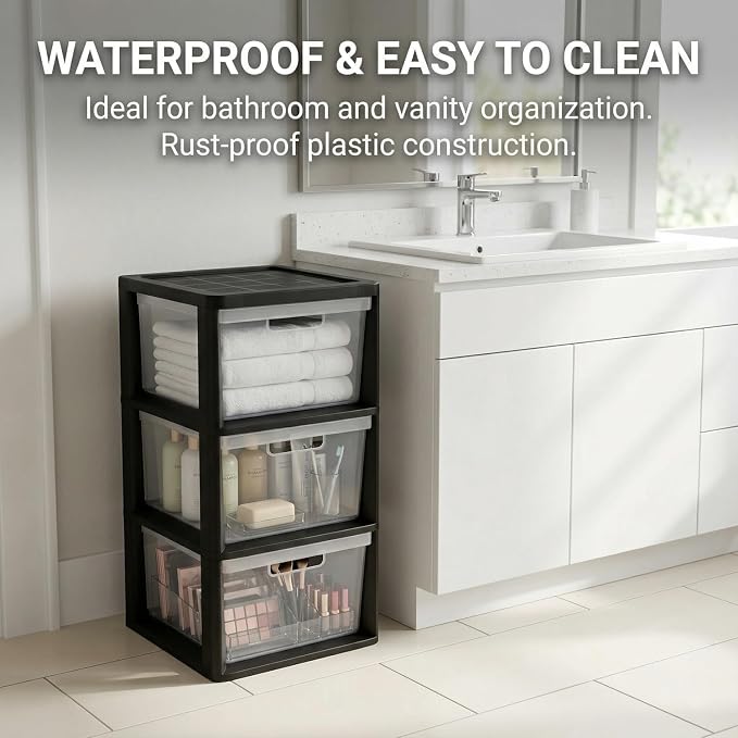 3 Drawer Plastic Storage Tower Organizer, Wide Black Cart - Image 6