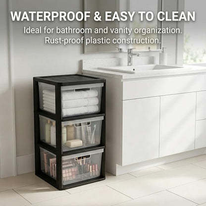 3 Drawer Plastic Storage Tower Organizer, Wide Black Cart - Image 6