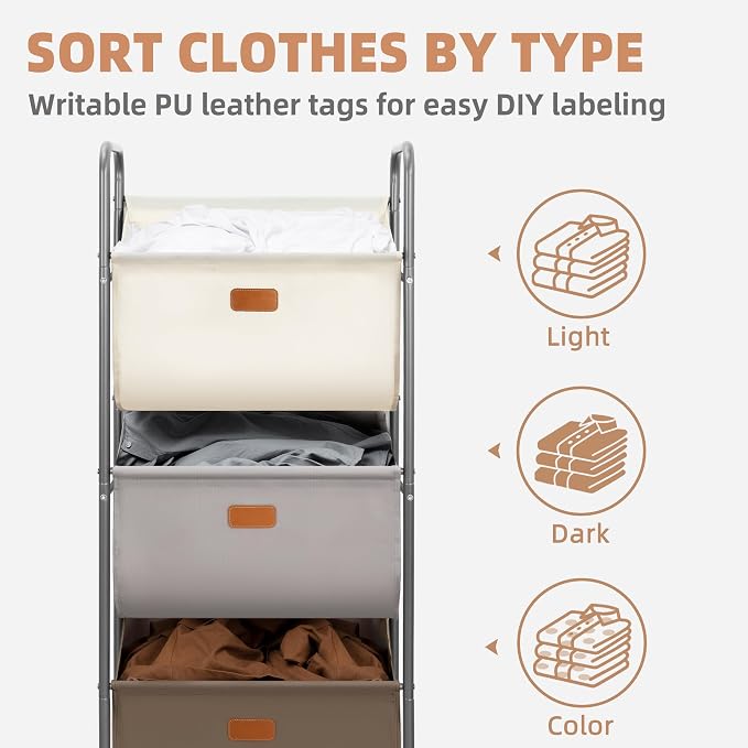 STORAGE MANIAC 120 Liters Vertical Rolling Laundry Hamper, 3 Section Laundry - Image 3