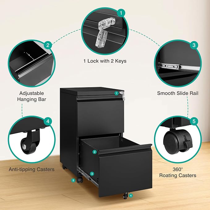 SISESOL 2 Drawer File Cabinet on Wheels, Metal Filing Cabinet - Image 6