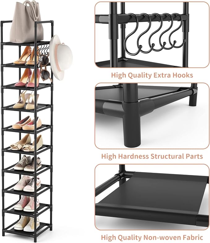 LANTEFUL Tall Narrow Shoe Rack for Entryway, 10-Tier Sturdy Metal Shoe Shelf - Image 4