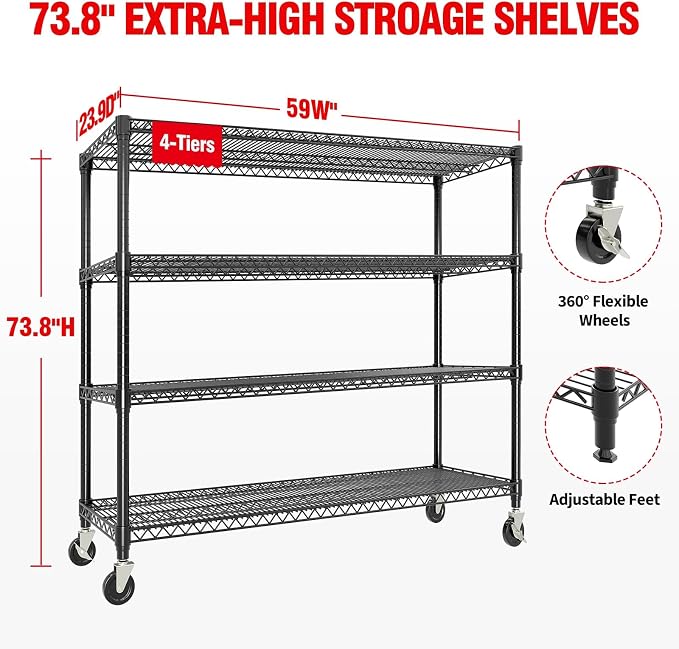 Metal Shelving with Wheels, 2640LBS 4-Tier Heavy Duty Garage Storage Shelves - Image 2