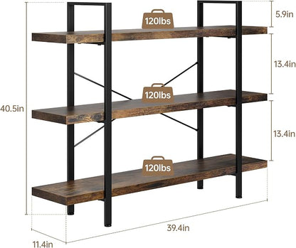 Heavy Duty 3-Tier Industrial Bookcase, 120lbs Shelf Capacity, Rustic Open - Image 2