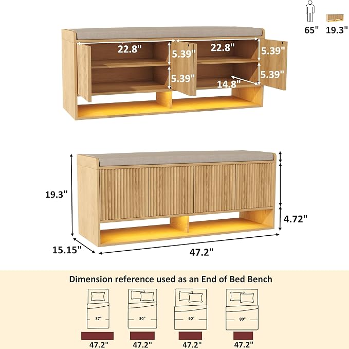 HOMEFORT 47.2" Fluted Shoe Storage Bench, Entryway Bench - Image 2