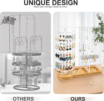 Jewelry Organizer Stand with Bamboo Base, Metal Rotating Earring Holder - Image 6