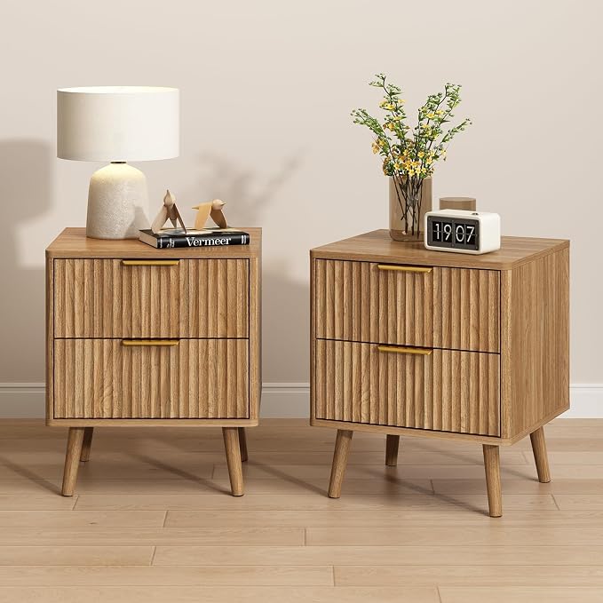 CARPETNAL Fluted Nightstand Set of 2, Walnut Bedside Table by CARPETNAL