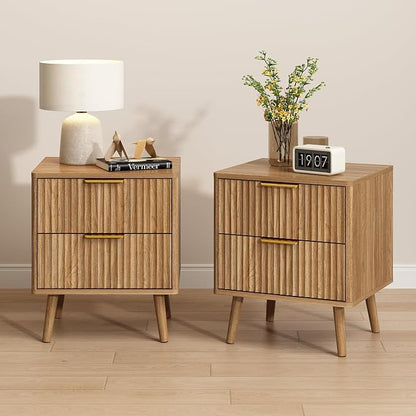 CARPETNAL Fluted Nightstand Set of 2, Walnut Bedside Table by CARPETNAL