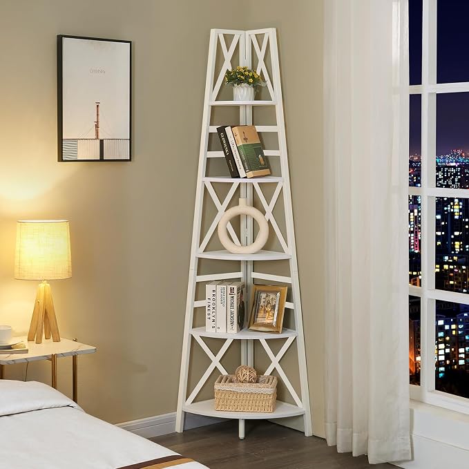 HOMBAZAAR 5 Tier Corner Shelf, 72 Inch Industrial Corner Bookshelf, Tall Ladder - Image 4