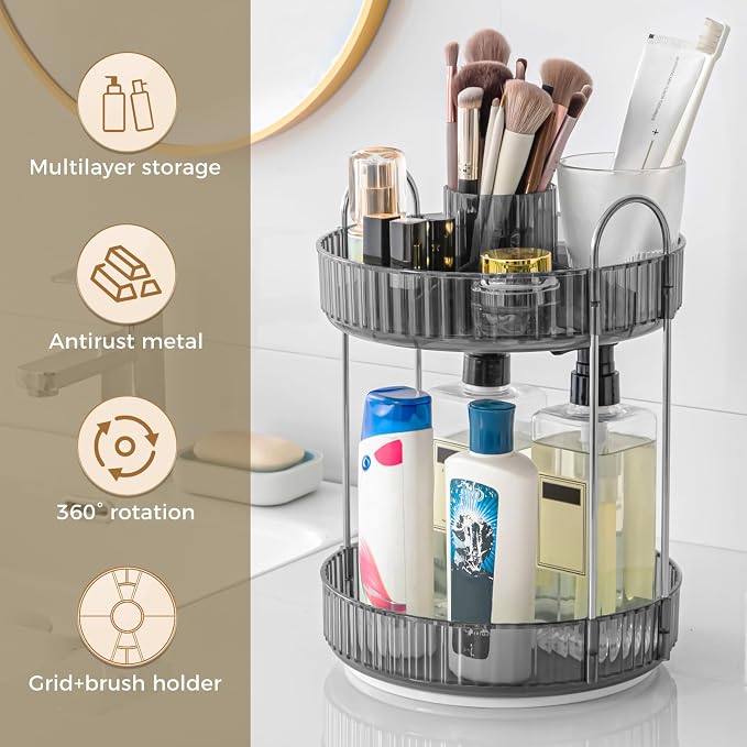 360° Rotating Makeup Organizer, Upgraded 2 Tier Skincare Perfume Organizers - Image 5