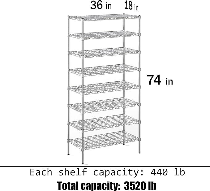 18" Deep x 36" Wide x 74" Height Wire Shelving Kit | 8-Tier | NSF Commercial - Image 3