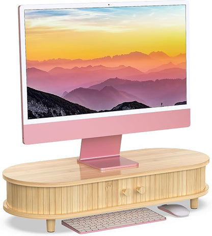 Bamboo Monitor Stand with Storage, Curved Computer Laptop Stand Desk Shelf by WELLWENG