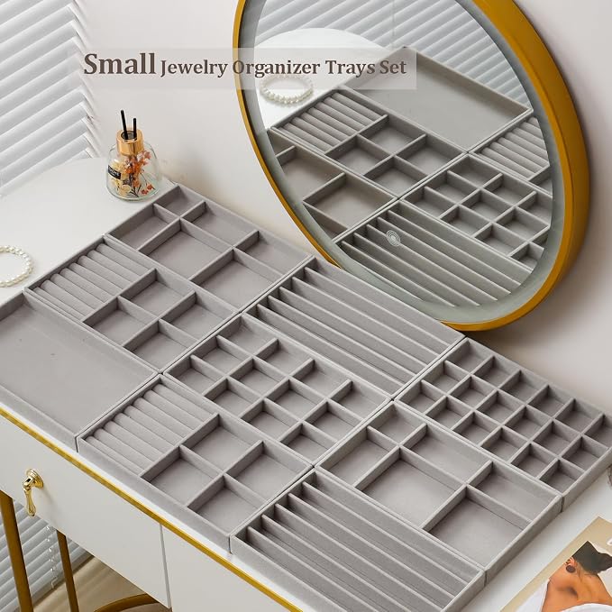 SPAKOWN Stackable Jewelry Organizer Trays Set of 9, Small Velvet Jewelry - Image 6