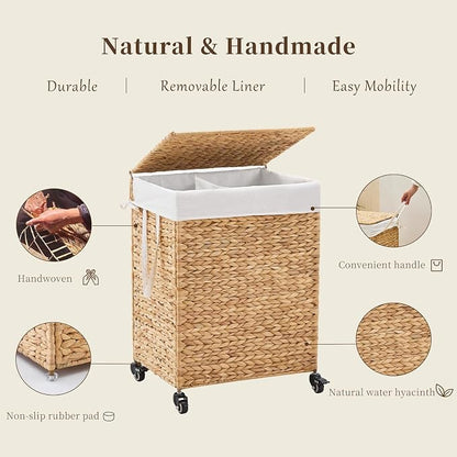 2-Section Laundry Hamper with Lid, Large Capacity Woven Natural Water Hyacinth - Image 7