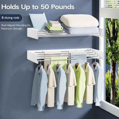 Vikaqi Wall Mounted Foldable Clothes Drying Rack, 32-Inch Wide, 5 Stainless - Image 3