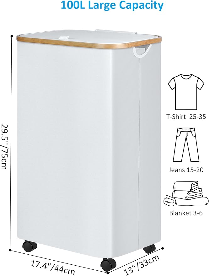 efluky Laundry Basket with Wheels, Tall Rolling Laundry Hamper with Lid and - Image 2