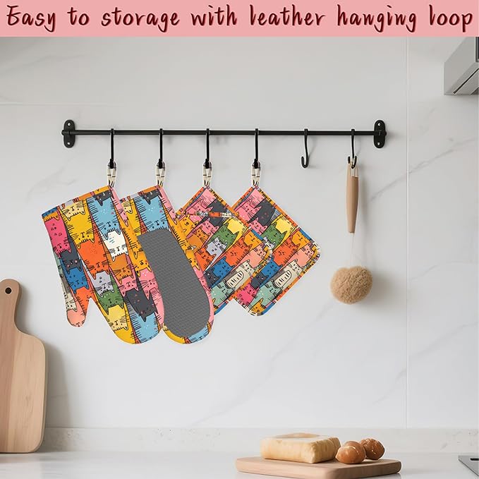 Funny Cat Oven Mitts and Pot Holders 4 Piece Set, Heat-Resistant Silicone Extra - Image 5