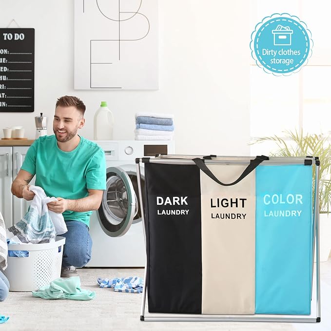 Laundry Cloth Hamper Sorter Basket Bin Foldable 3 Sections - Image 5