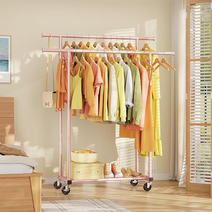 HYSEYY Double Rods Clothes Rack, Sturdy Rolling Clothing Rack, Portable - Image 8