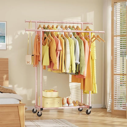 HYSEYY Double Rods Clothes Rack, Sturdy Rolling Clothing Rack, Portable - Image 8
