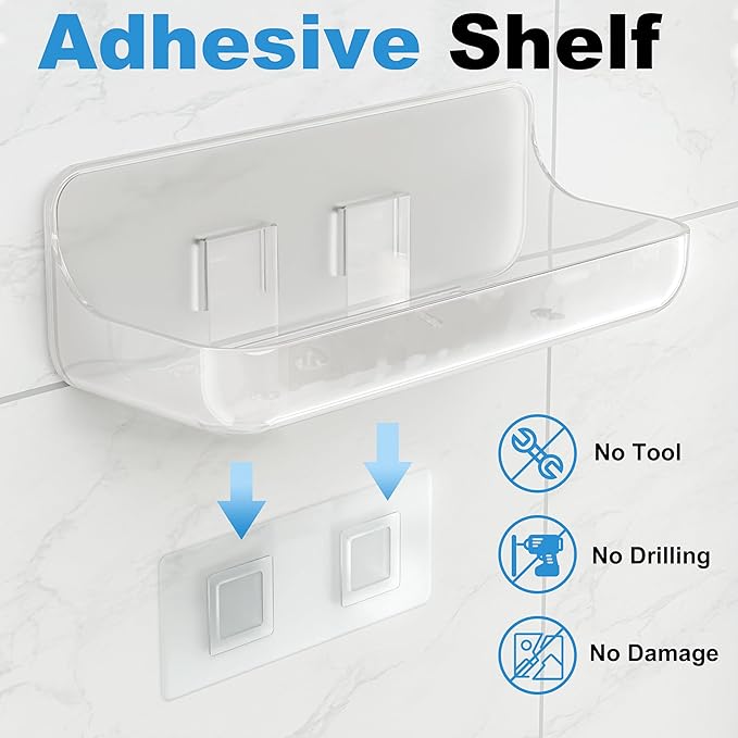 Adhesive Shower Caddy, 2 Pack Acrylic Bathroom Shelves, No Drill Wall Mount - Image 4