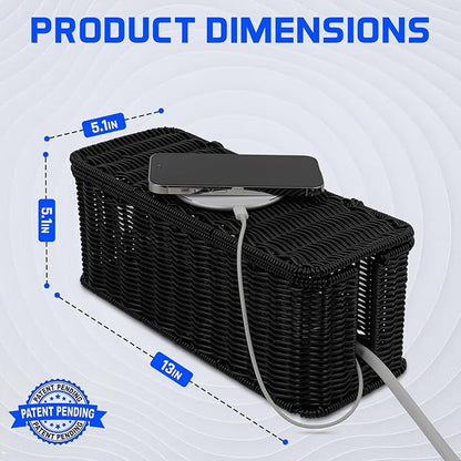 Cable Management Box, Handmade Rattan Cable Organizer, 2 Open Slots Cords Hider - Image 2