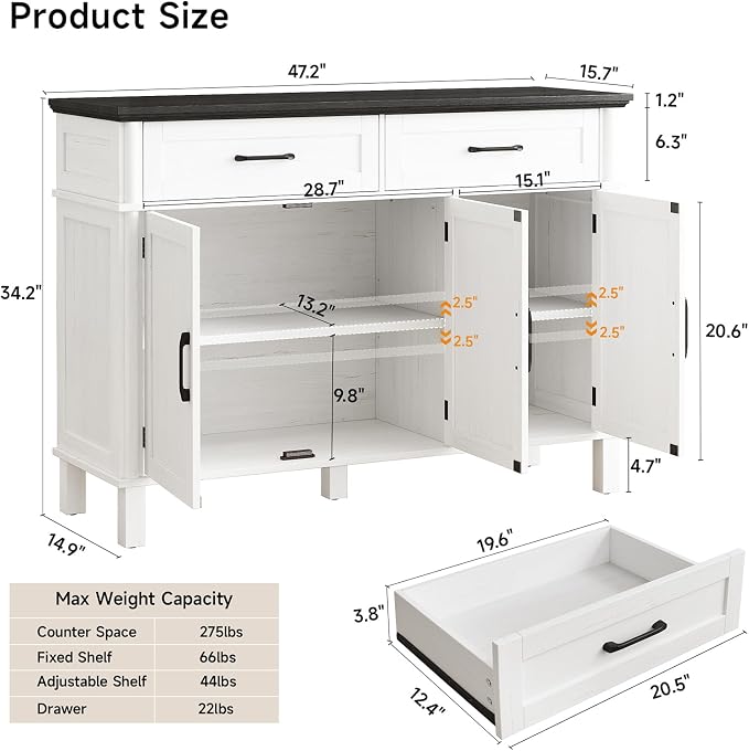 48 Inches Buffet Cabinet with Storage, Farmhouse Sideboard Buffet w/2 Drawers - Image 2