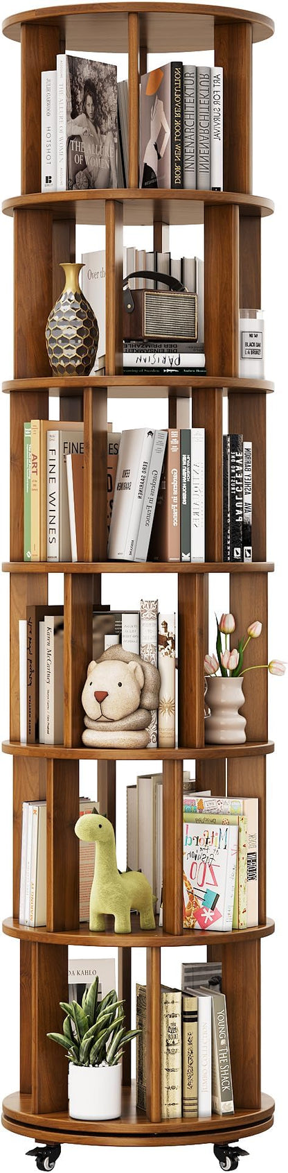 IUNVR Rotating Bookshelf, 6 Tier Solid Wood Bookshelf Tower - Image 8