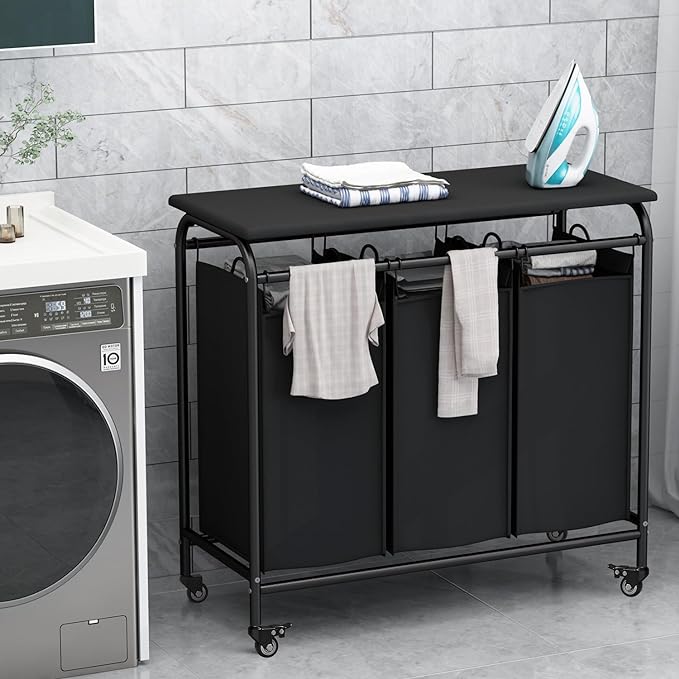 LINZINAR 3 Bag Laundry Basket Sorter Heavy Duty Rolling Lockable Wheels Laundry - Image 2