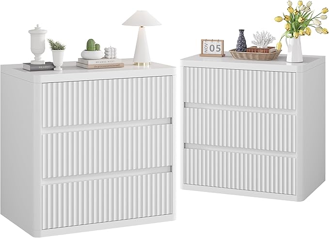 White Nightstand Set of 2, 3 Drawers Night Stand Set, Mid Century Modern Bed by StandifurnoFurniture