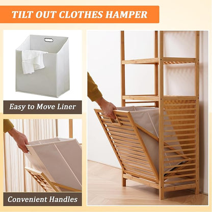Bamboo Laundry Hamper with 3 Tier Shelves & Tilt Out Basket, Laundry Baskets - Image 3