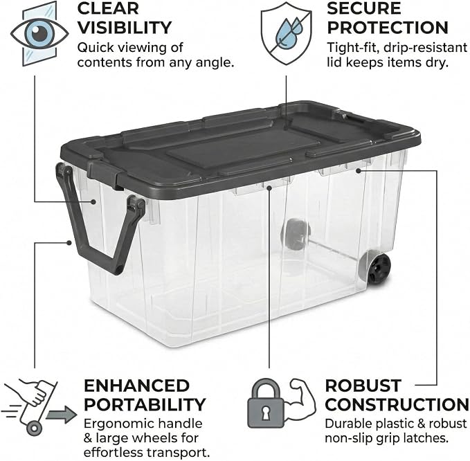 Storage Bins with Wheels 160 Quart, 2 Pack Heavy Duty Clear Plastic Totes with - Image 3