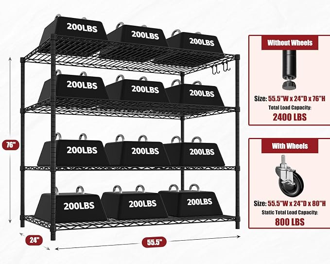 PrimeZone 3 Packs 55.5" W x 24" D x 80" H Heavy Duty Wire Storage Shelves - Image 3