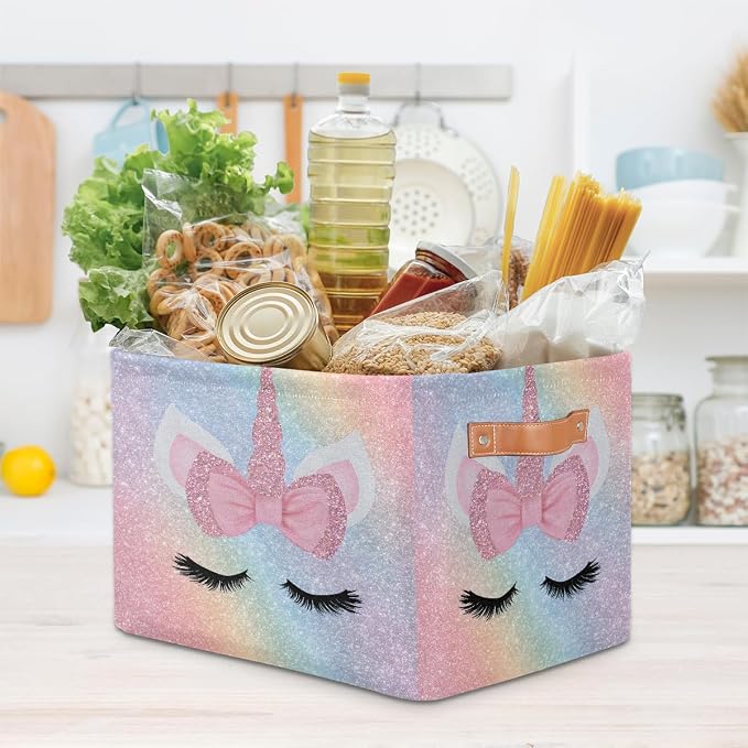 Pardick Unicorn Face Pink Basket Storage Bins Large Fabric Toys Storage Cube Box - Image 7
