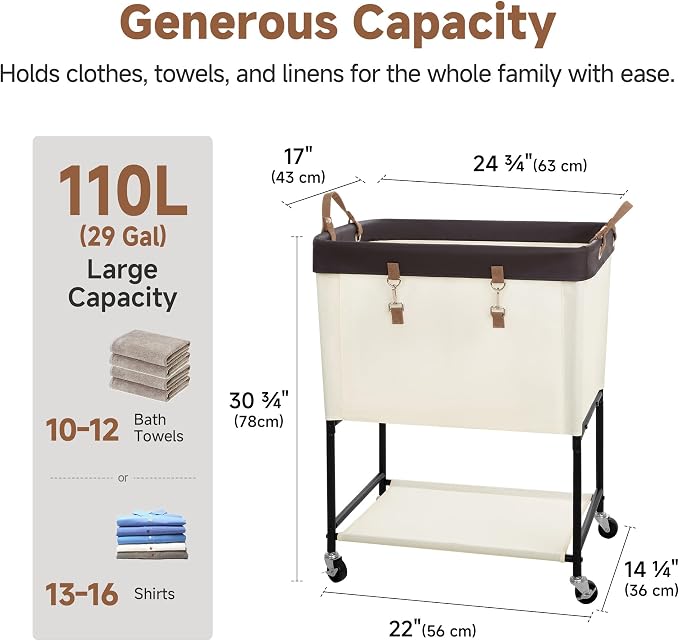 StorageWorks Laundry Cart, 2 Tier Rolling Basket - Image 3