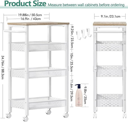 Utility Slim Storage Cart with Wheels, 4 Tier Small Rolling Cart with Wood Top - Image 4