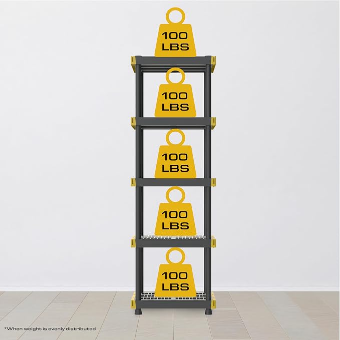 BLACK & YELLOW, 5-Tier Heavy Duty Plastic Storage Shelving Unit, 100lbs/shelf - Image 2