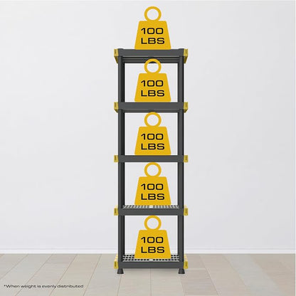 BLACK & YELLOW, 5-Tier Heavy Duty Plastic Storage Shelving Unit, 100lbs/shelf - Image 2