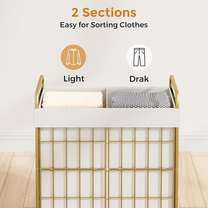 2 Section Laundry Hamper with Wheels and Brake, 100L Laundry Sorter Cart with 2 - Image 4